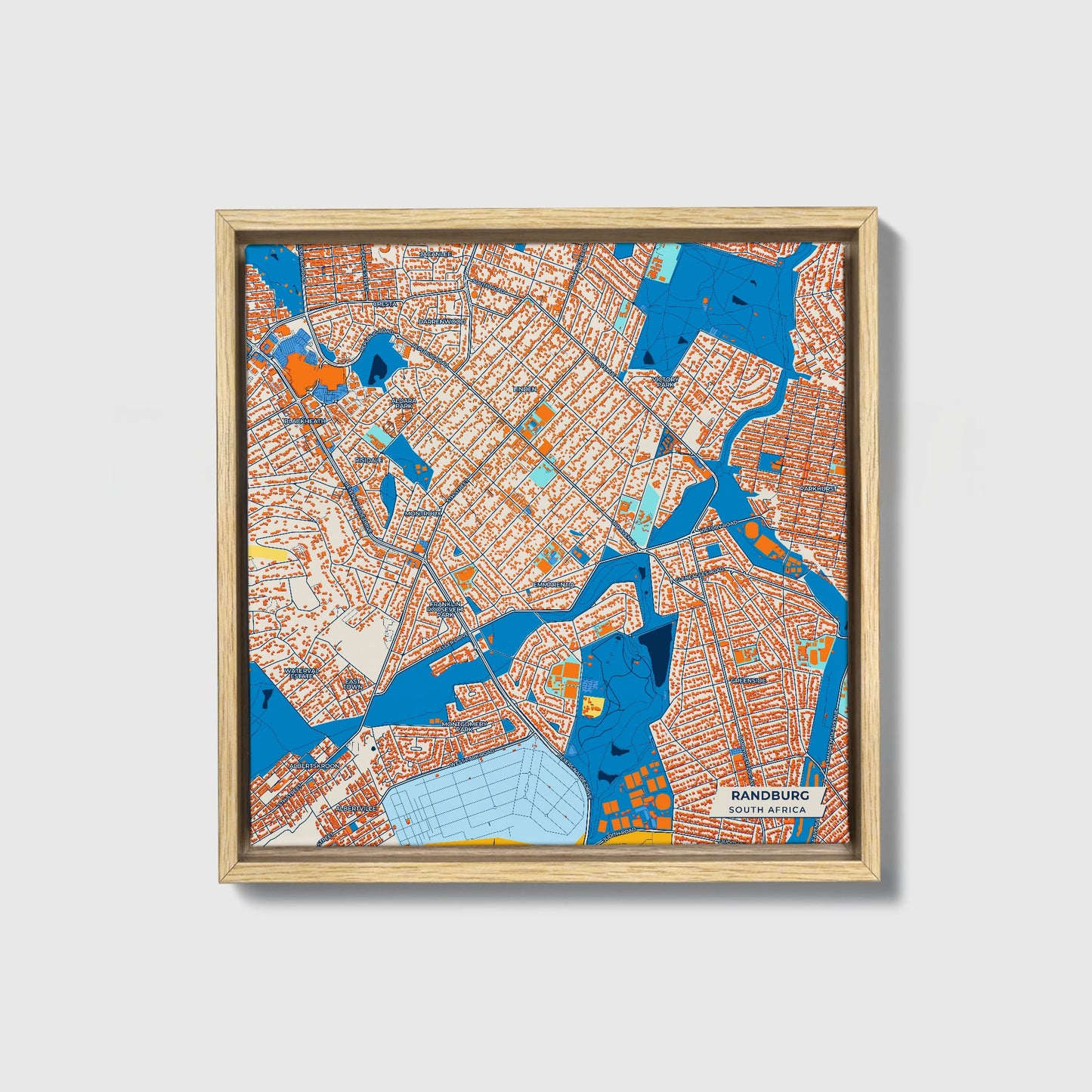 Randburg South Africa Colorful City Map Canvas Print • Natural Wooden Framed