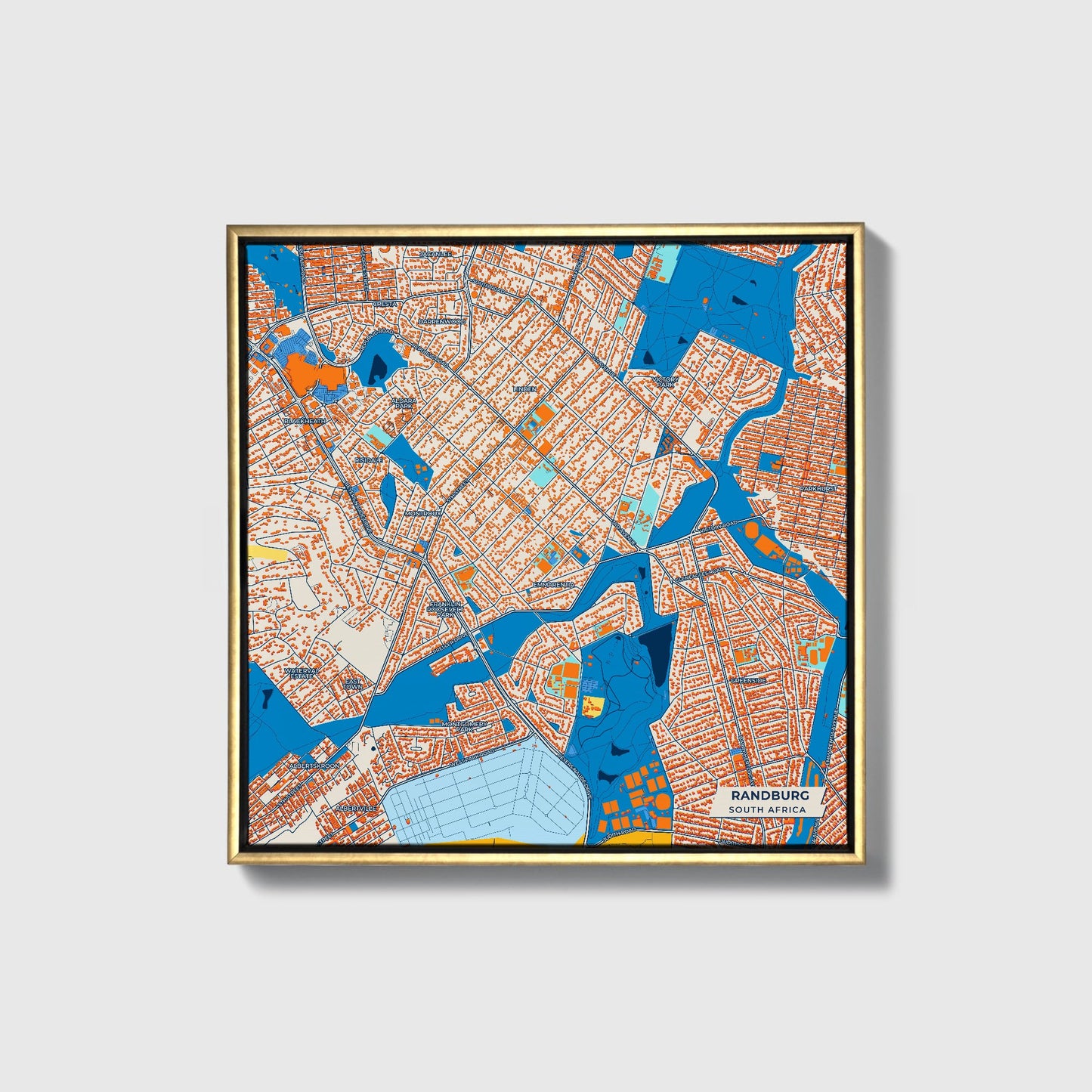 Randburg South Africa Colorful City Map Canvas Print • Gold Framed