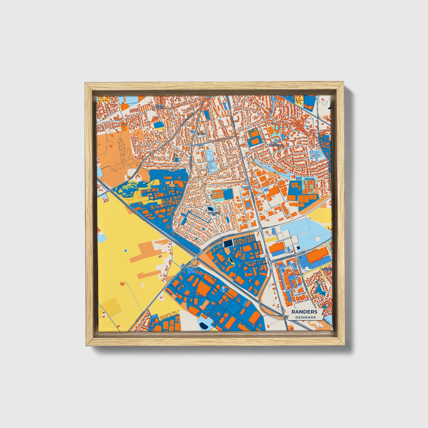 Randers Denmark Colorful City Map Canvas Print • Natural Wooden Framed