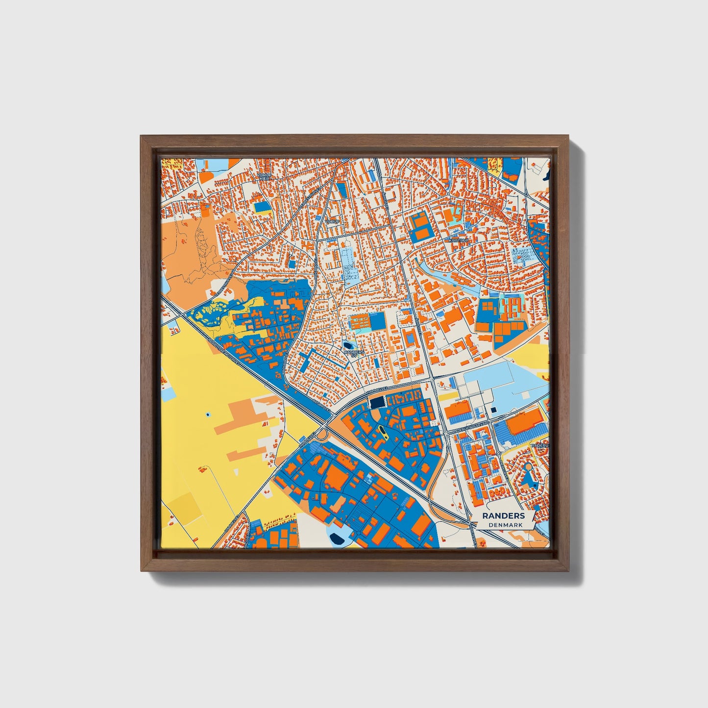 Randers Denmark Colorful City Map Canvas Print • Dark Wooden Framed