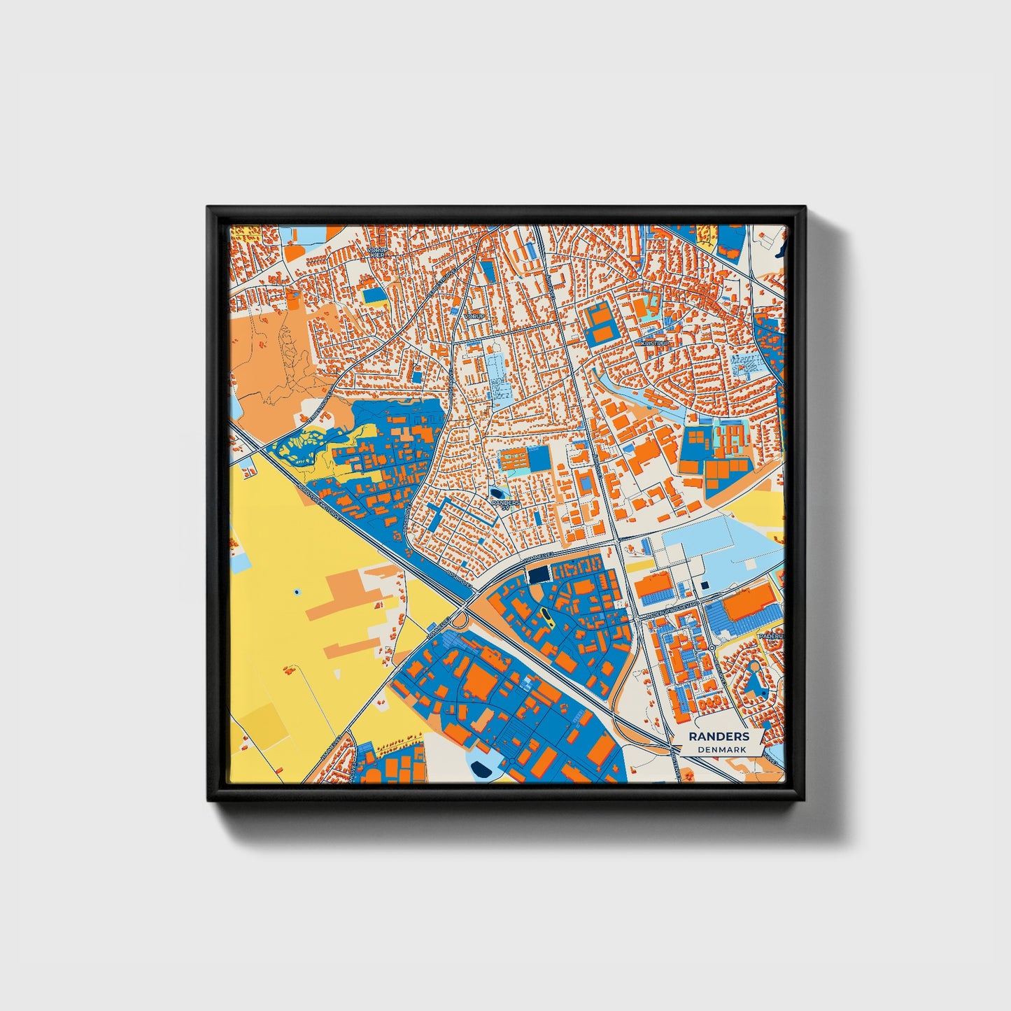 Randers Denmark Colorful City Map Canvas Print • Black Framed
