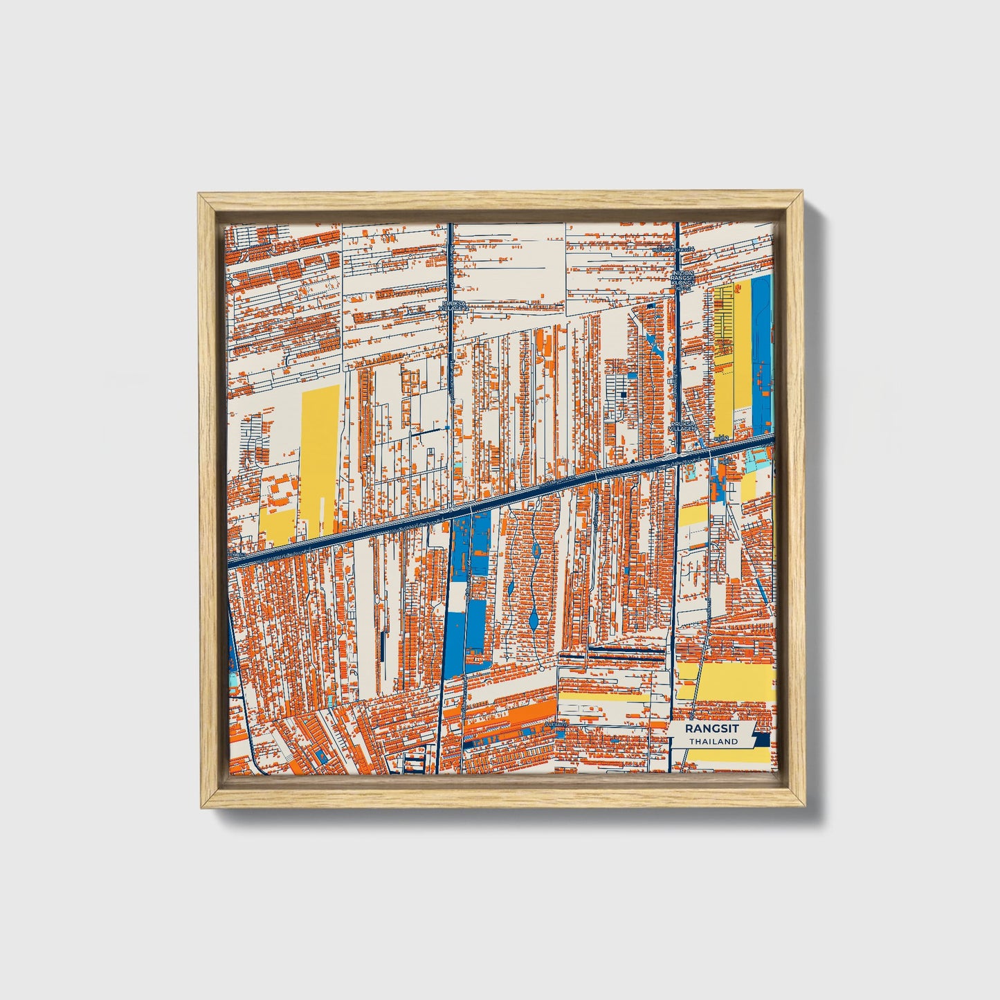 Rangsit Thailand Colorful City Map Canvas Print • Natural Wooden Framed