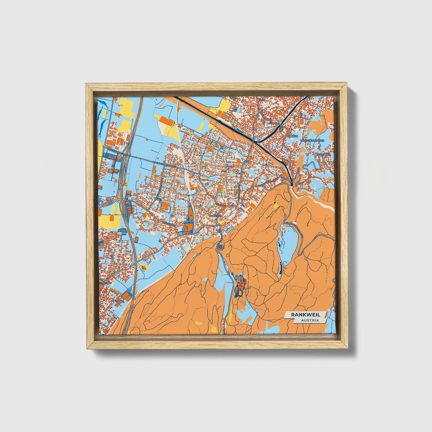 Rankweil Austria Colorful City Map Canvas Print • Natural Wooden Framed