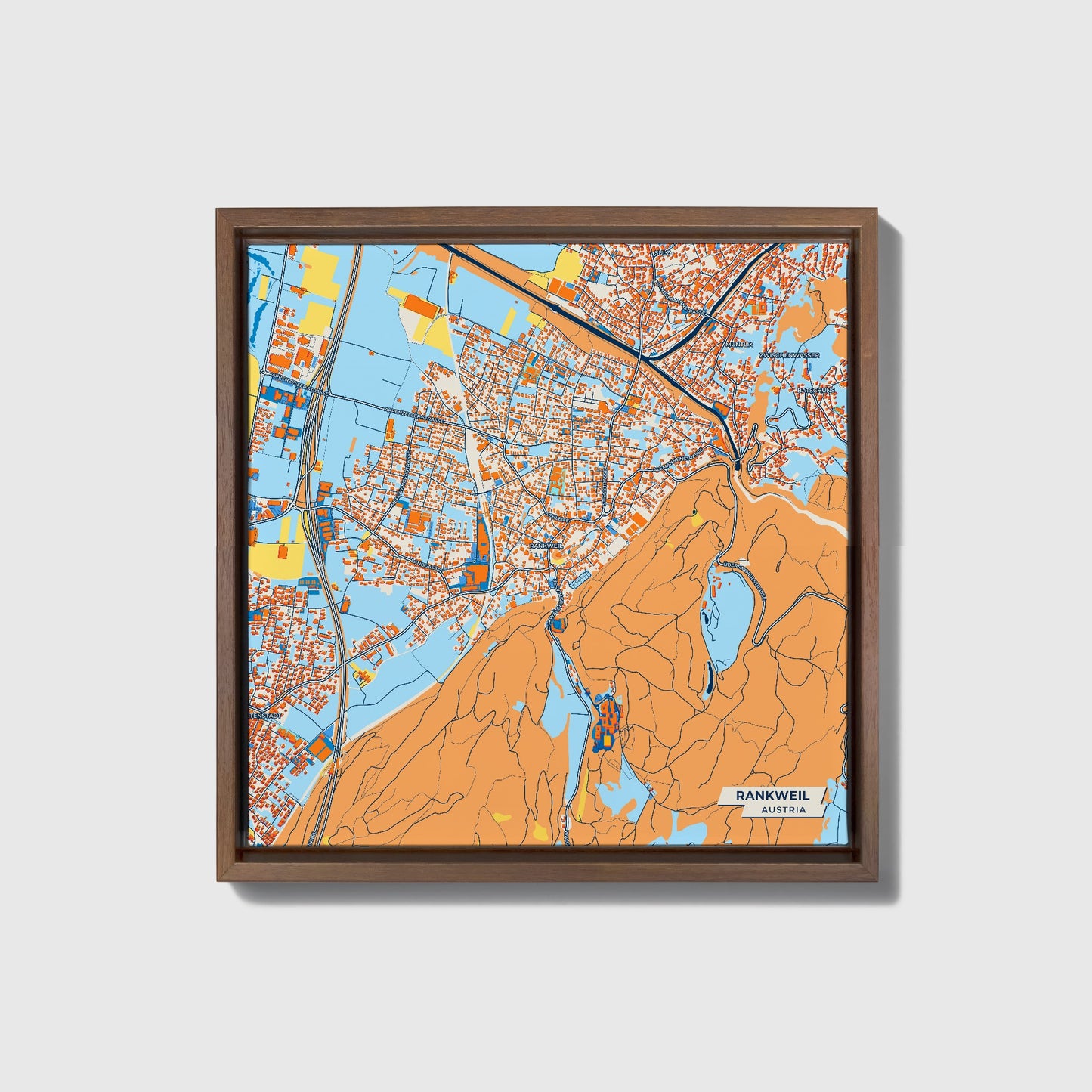 Rankweil Austria Colorful City Map Canvas Print • Dark Wooden Framed