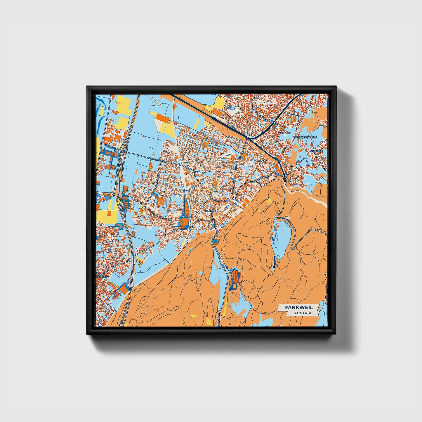 Rankweil Austria Colorful City Map Canvas Print • Black Framed