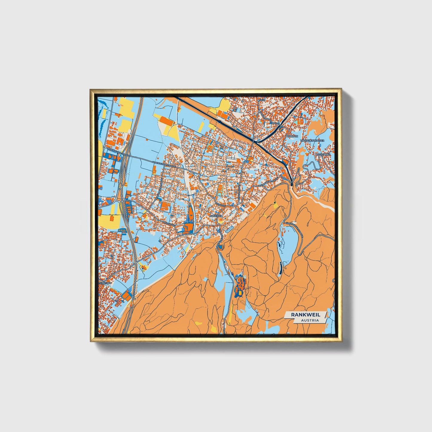 Rankweil Austria Colorful City Map Canvas Print • Gold Framed
