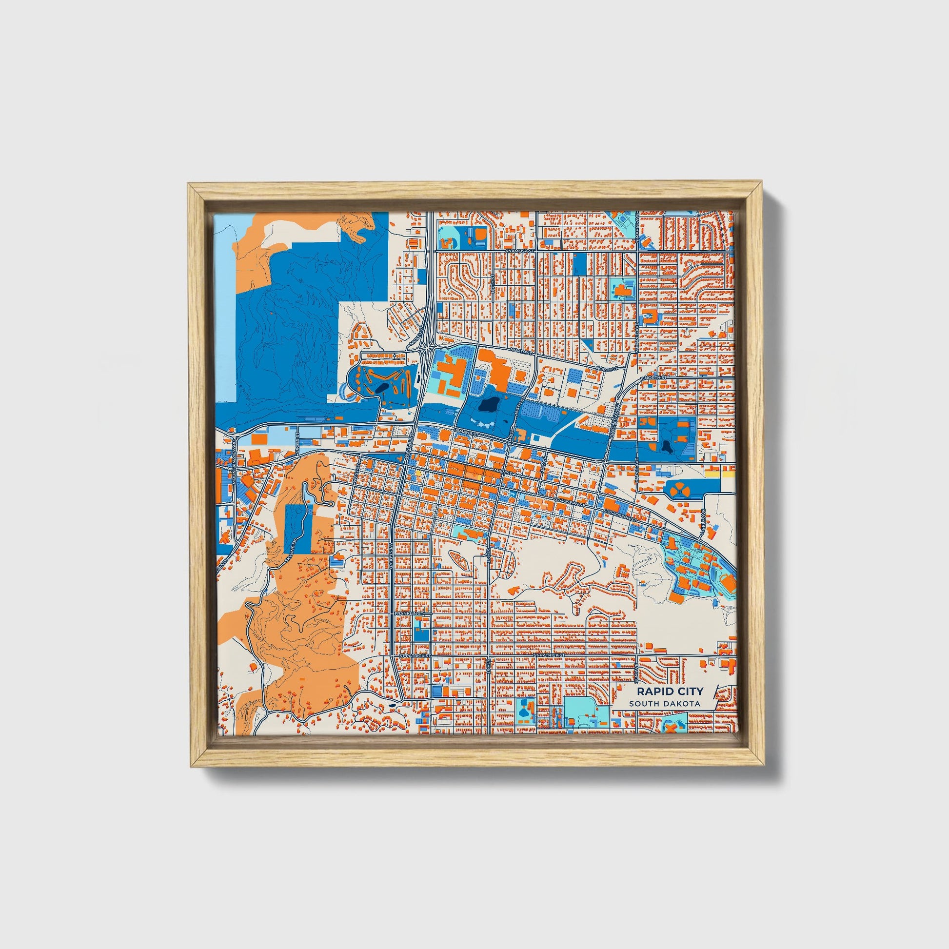 Rapid City South Dakota Colorful City Map Canvas Print • Natural Wooden Framed