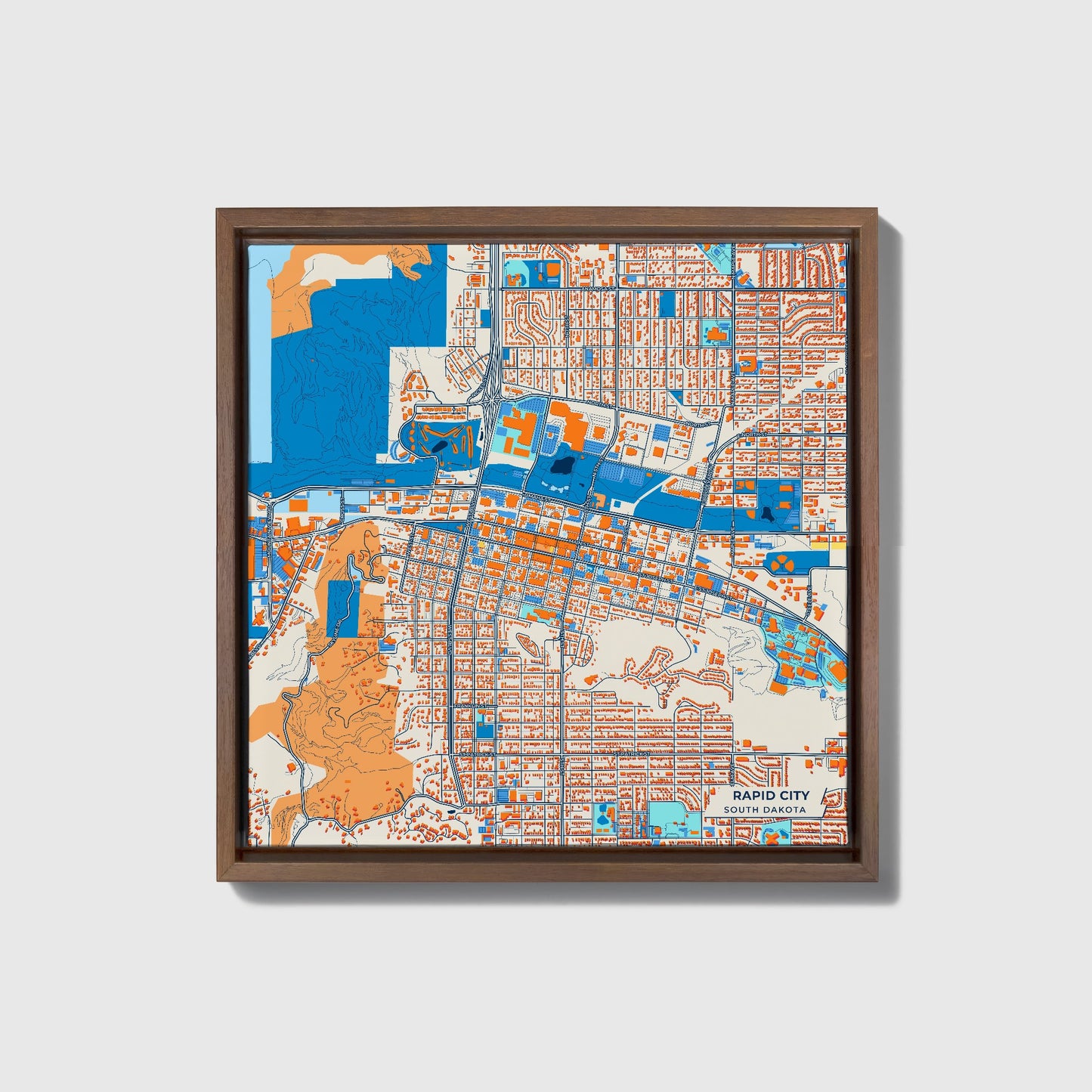Rapid City South Dakota Colorful City Map Canvas Print • Dark Wooden Framed