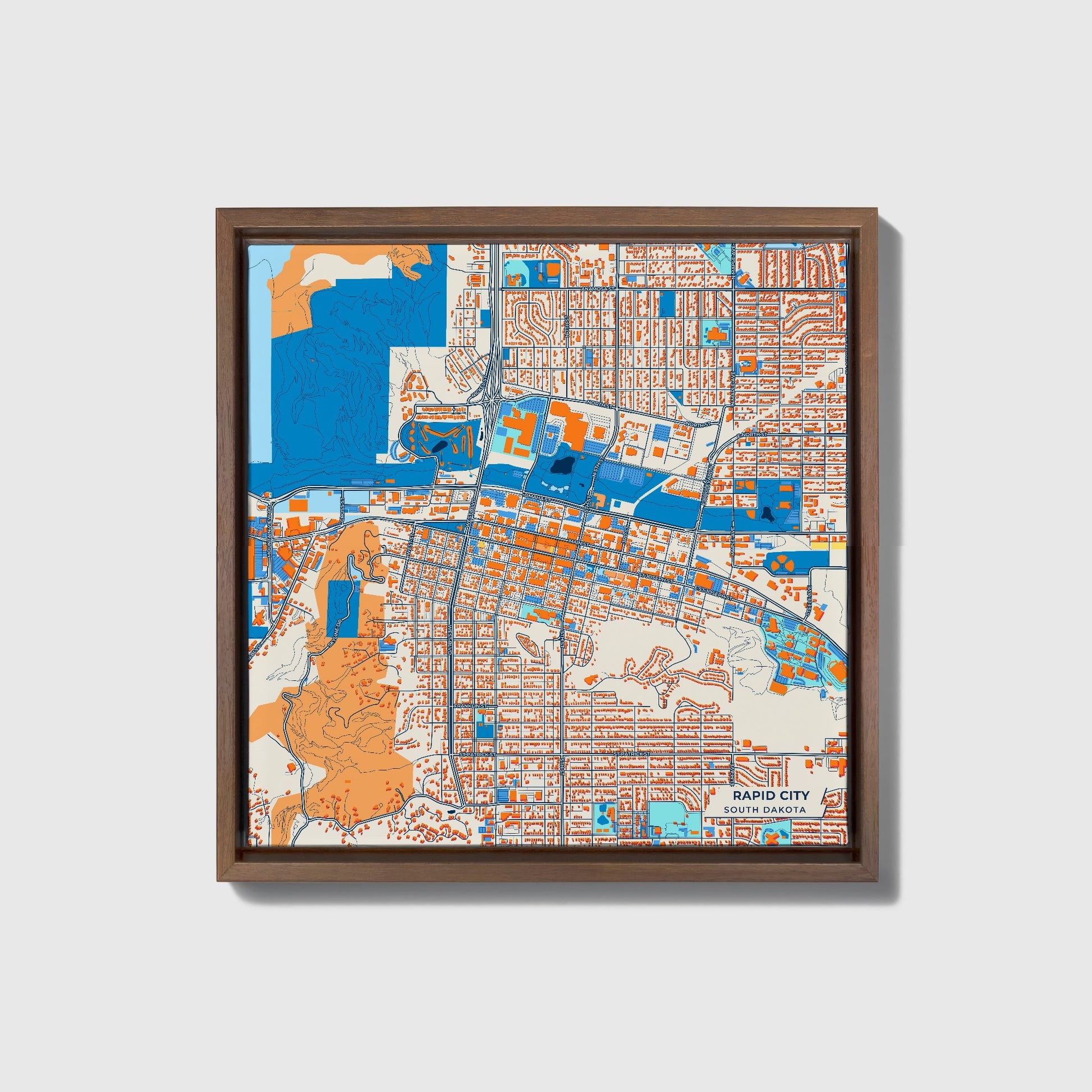 Rapid City South Dakota Colorful City Map Canvas Print • Dark Wooden Framed