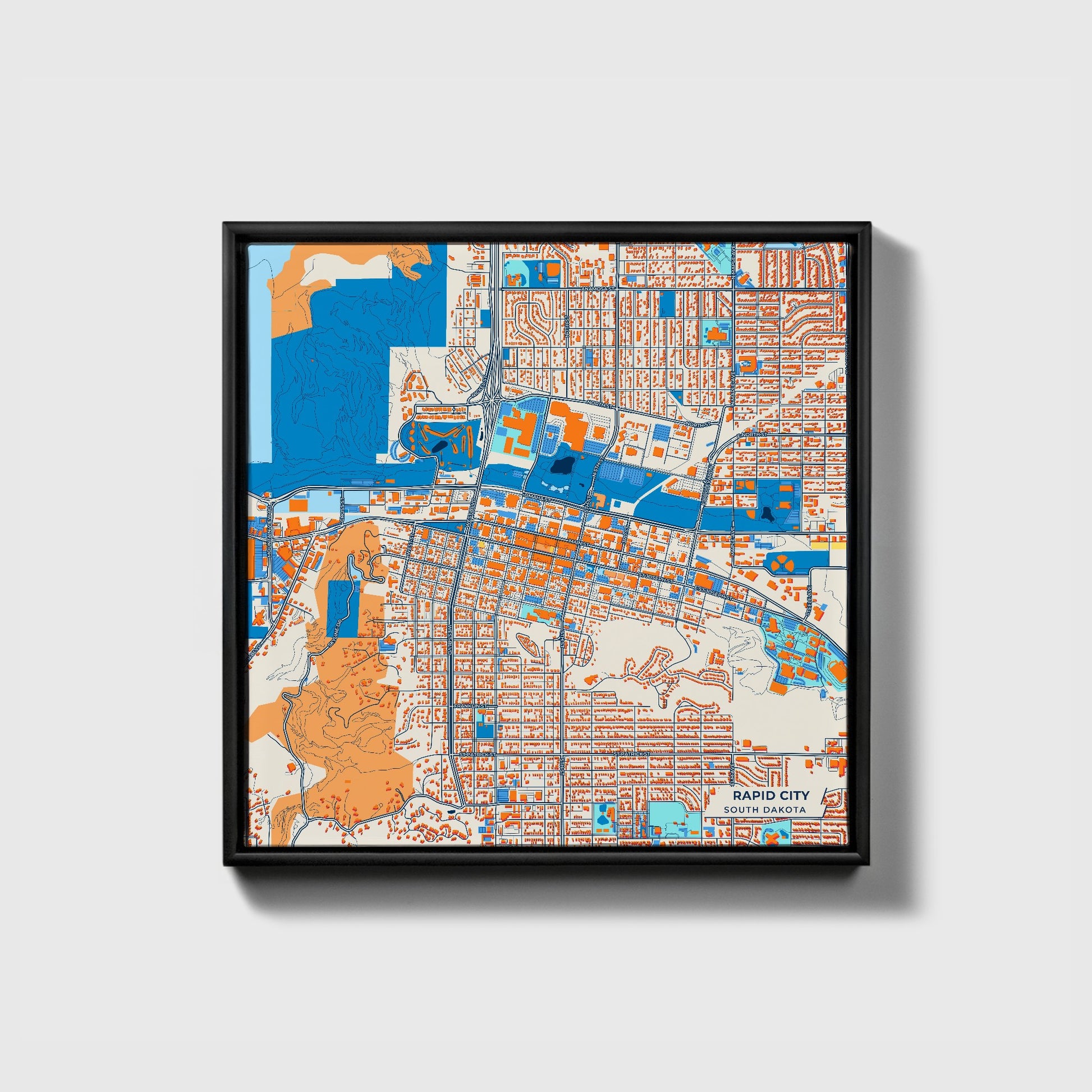 Rapid City South Dakota Colorful City Map Canvas Print • Black Framed