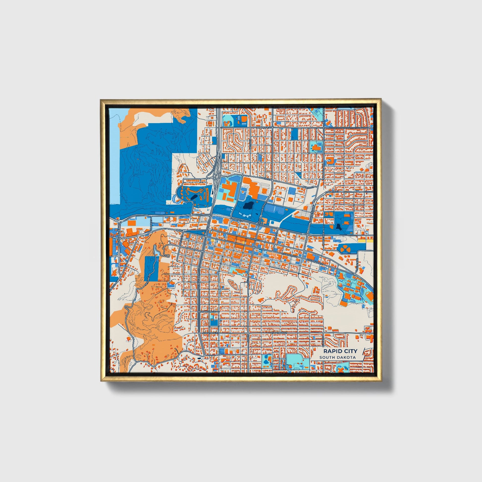 Rapid City South Dakota Colorful City Map Canvas Print • Gold Framed