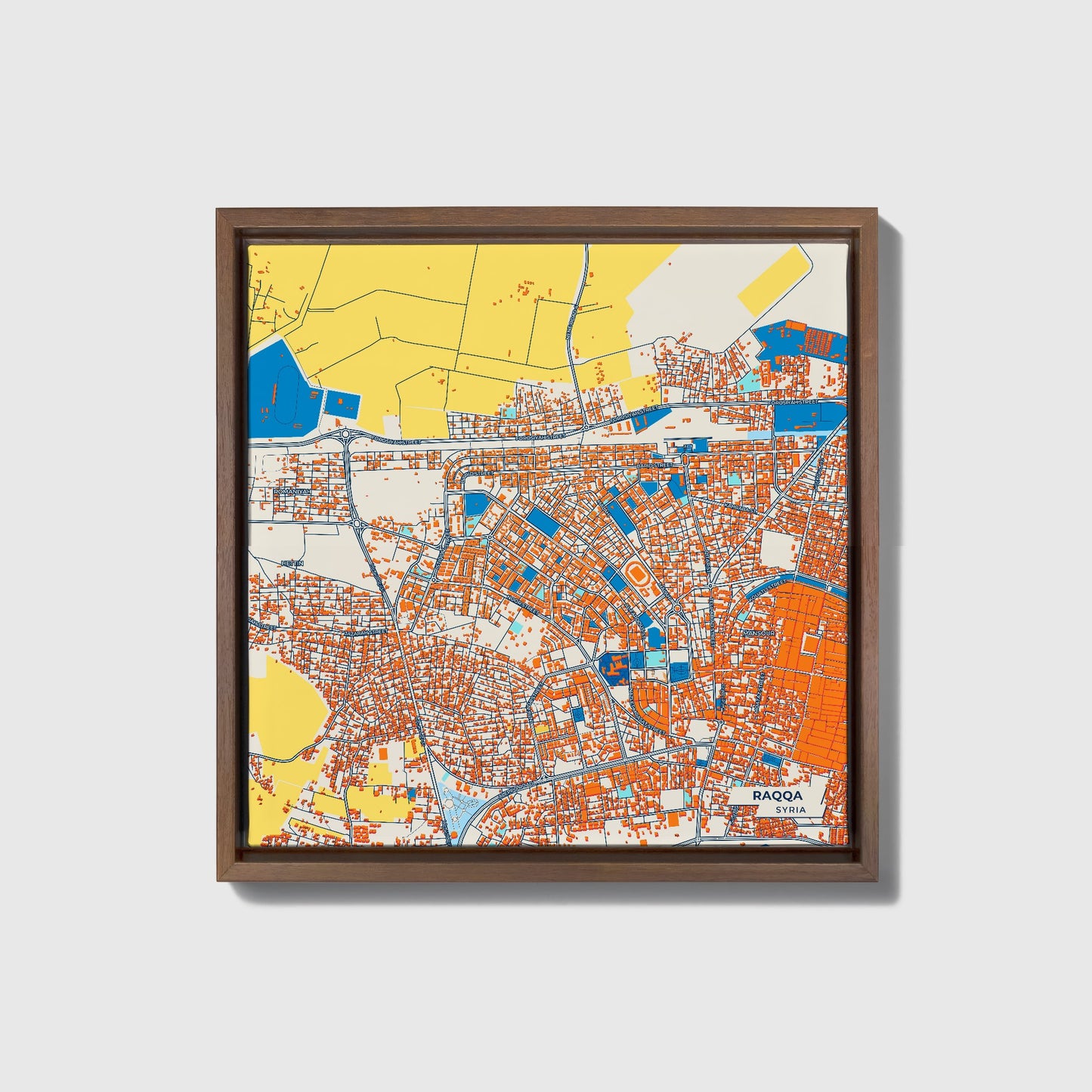 Raqqa Syria Colorful City Map Canvas Print • Dark Wooden Framed