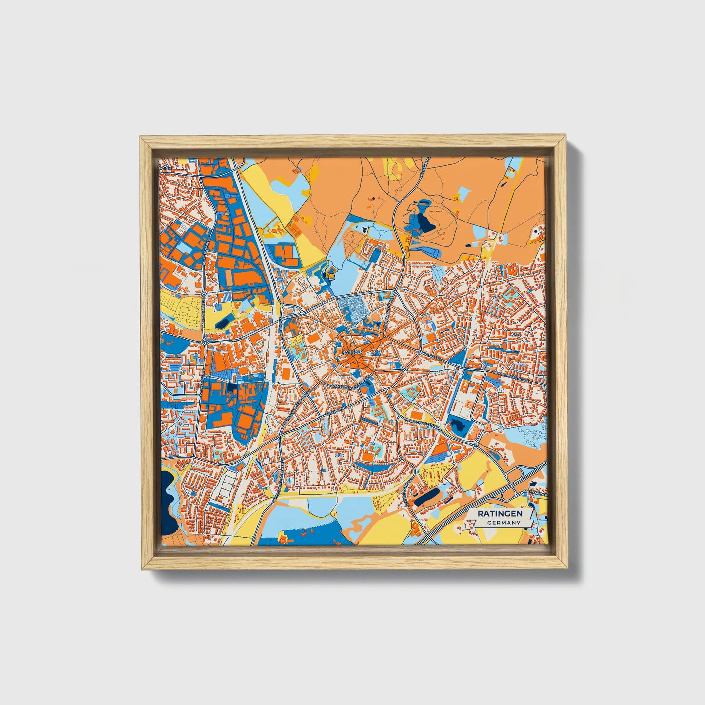 Ratingen Germany Colorful City Map Canvas Print • Natural Wooden Framed