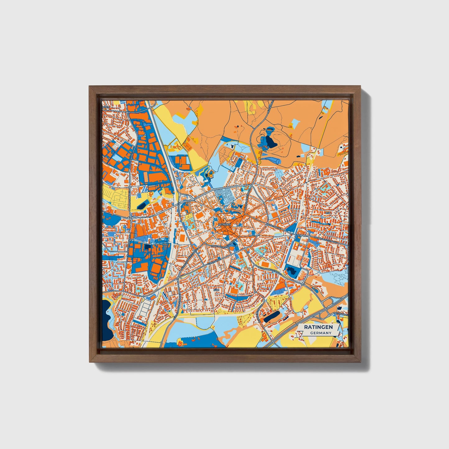 Ratingen Germany Colorful City Map Canvas Print • Dark Wooden Framed
