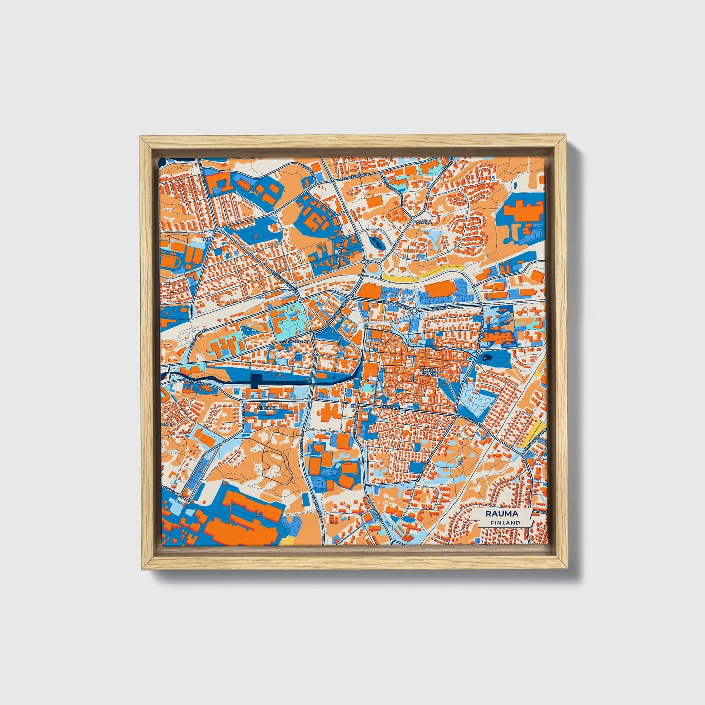 Rauma Finland Colorful City Map Canvas Print • Natural Wooden Framed