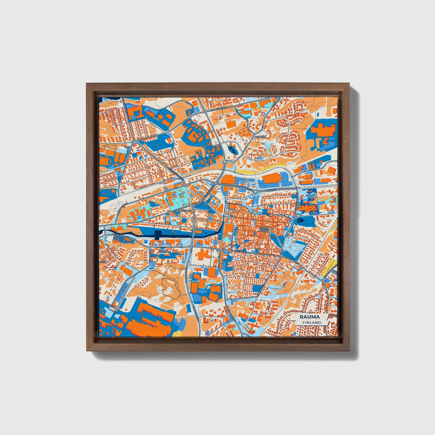 Rauma Finland Colorful City Map Canvas Print • Dark Wooden Framed
