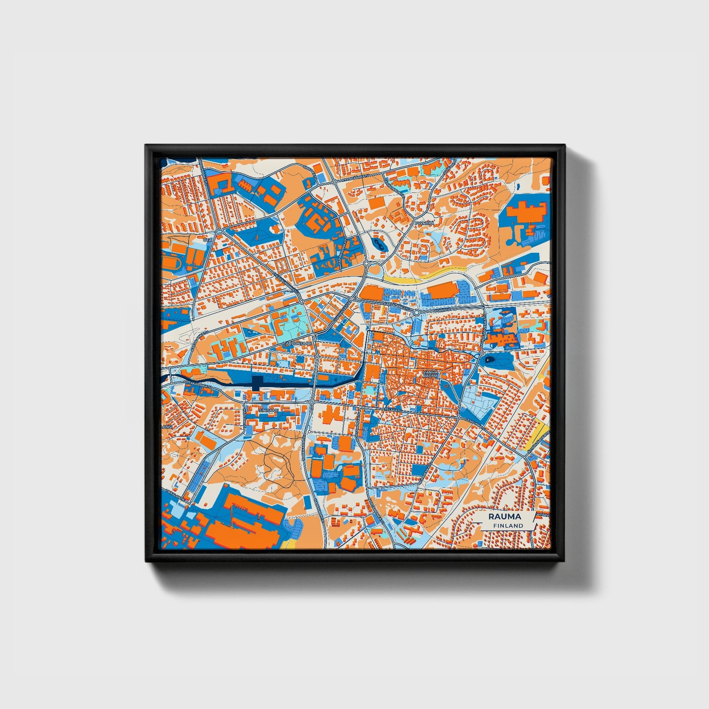 Rauma Finland Colorful City Map Canvas Print • Black Framed
