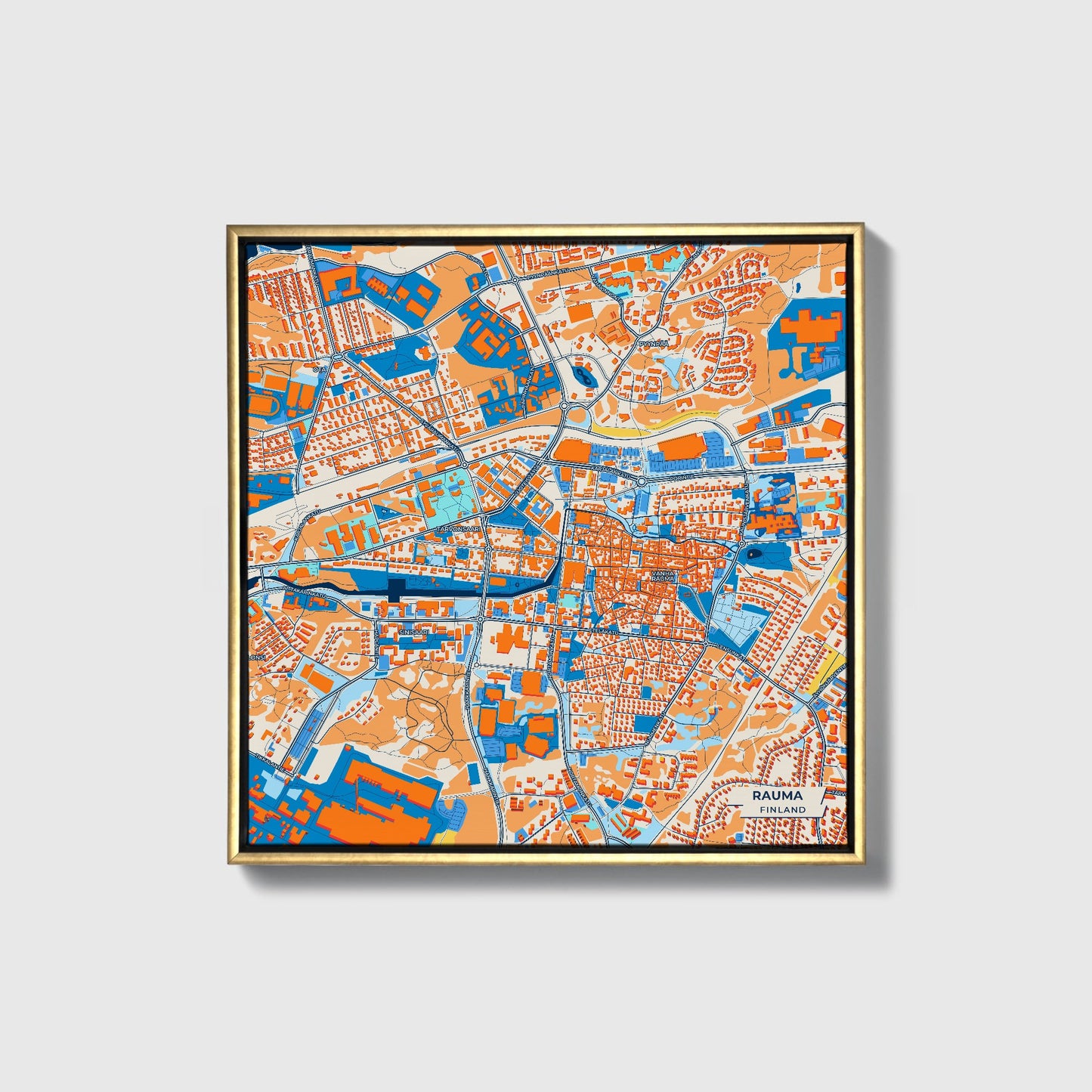 Rauma Finland Colorful City Map Canvas Print • Gold Framed