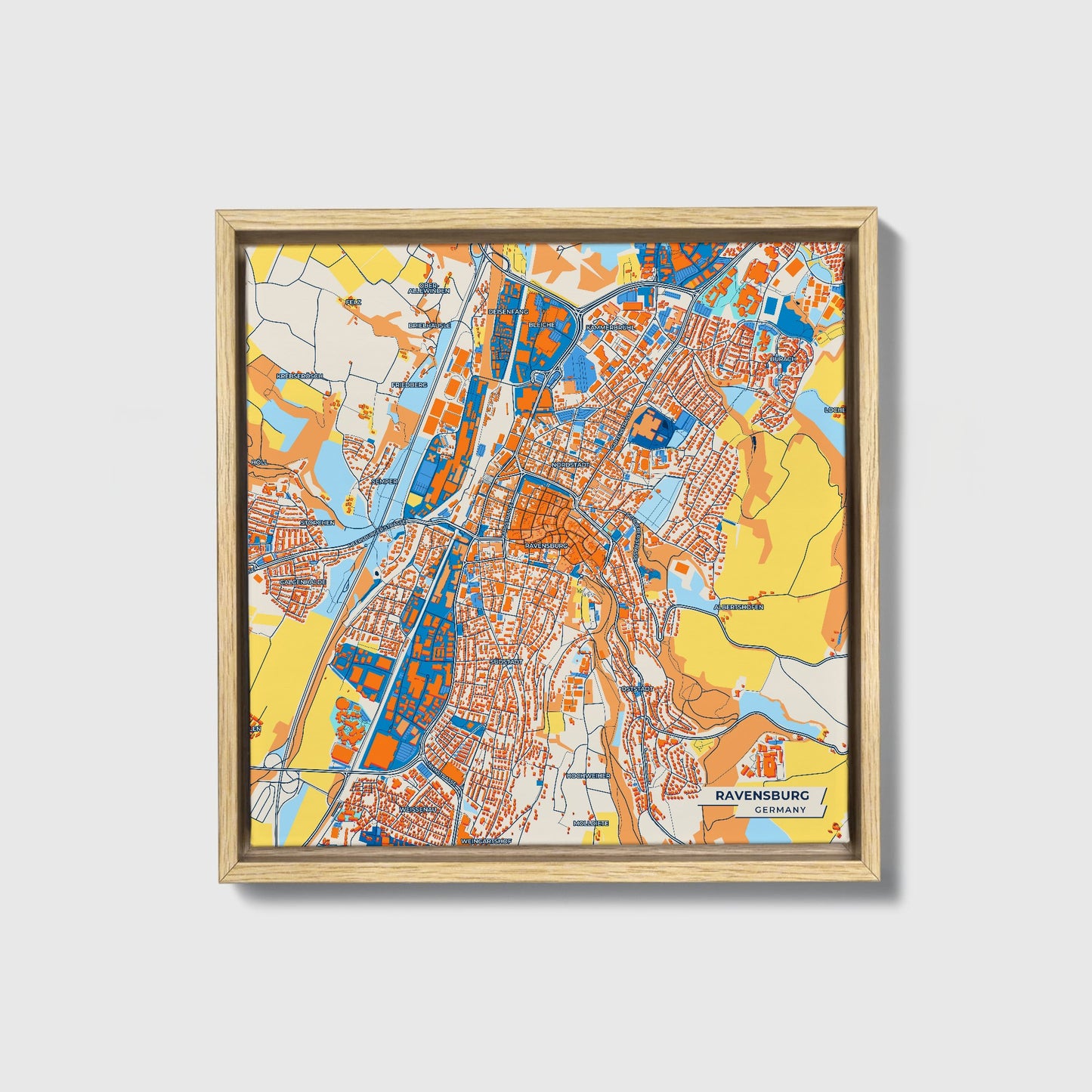 Ravensburg Germany Colorful City Map Canvas Print • Natural Wooden Framed