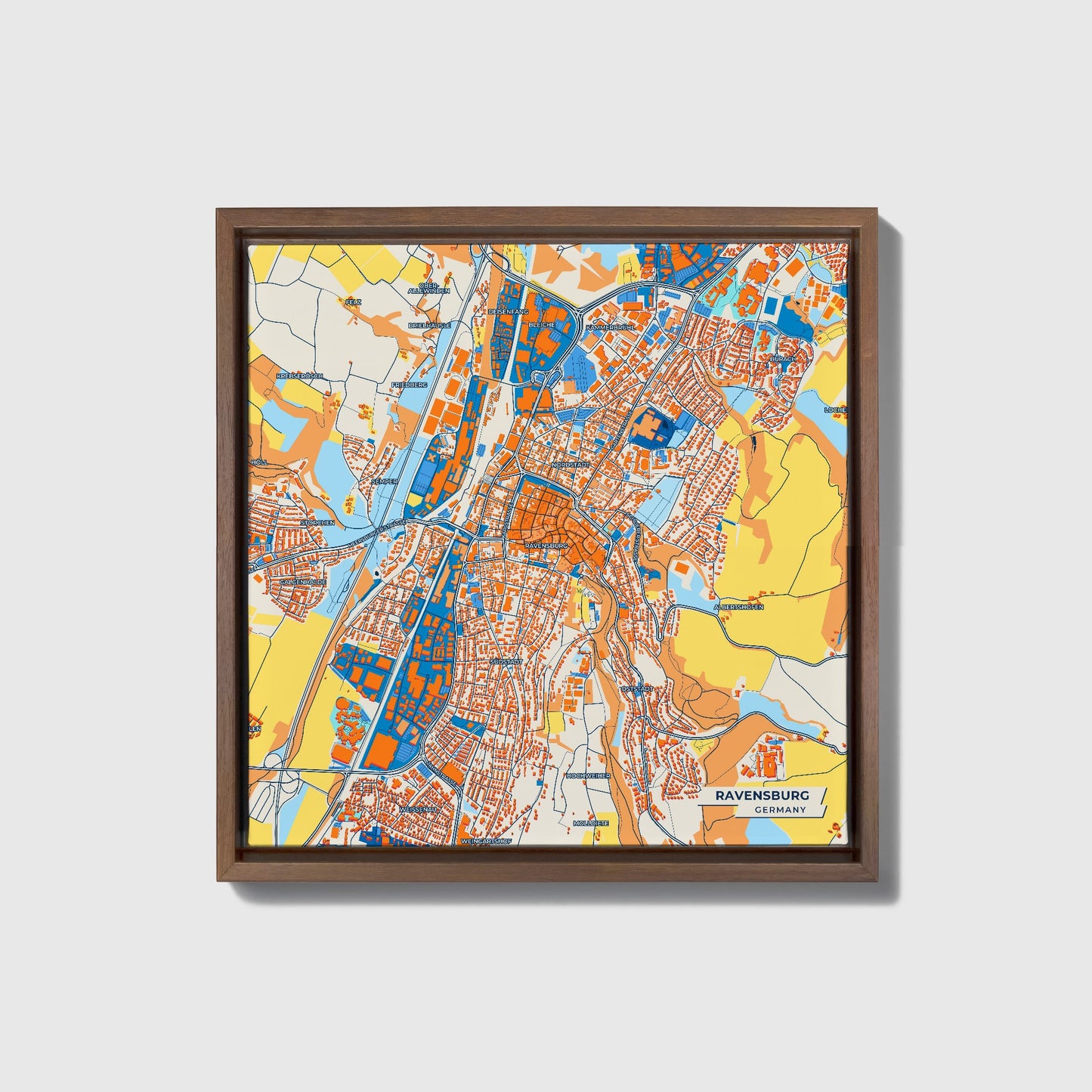 Ravensburg Germany Colorful City Map Canvas Print • Dark Wooden Framed