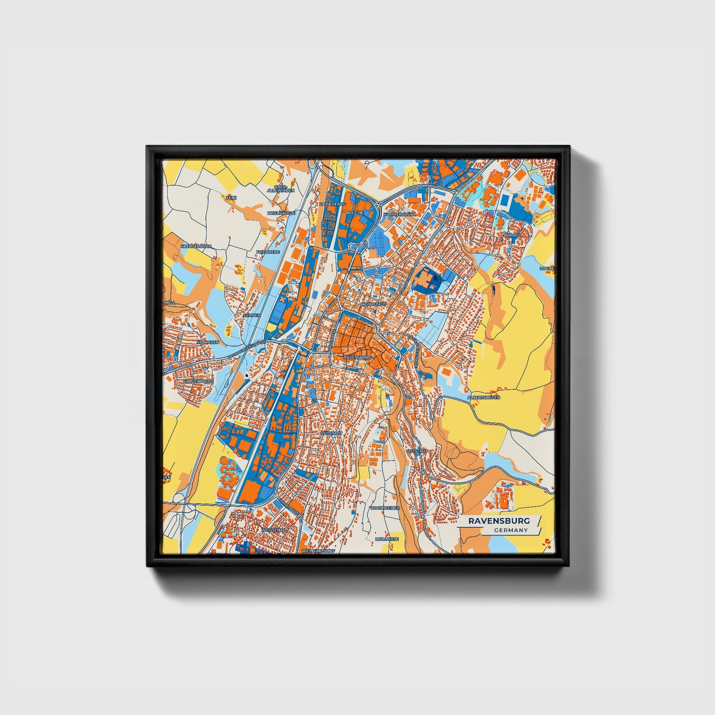 Ravensburg Germany Colorful City Map Canvas Print • Black Framed