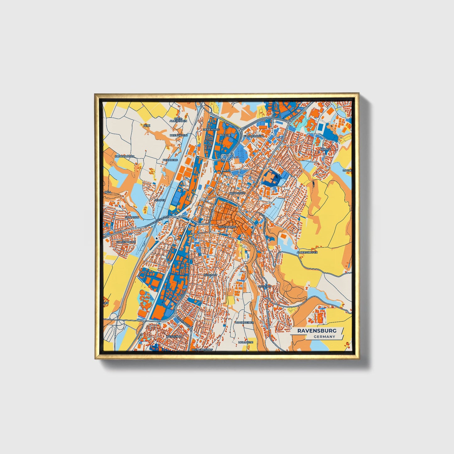 Ravensburg Germany Colorful City Map Canvas Print • Gold Framed