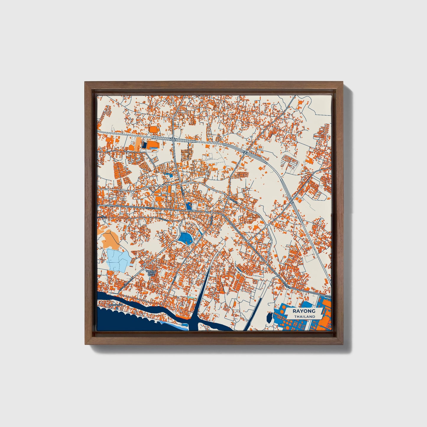 Rayong Thailand Colorful City Map Canvas Print • Dark Wooden Framed