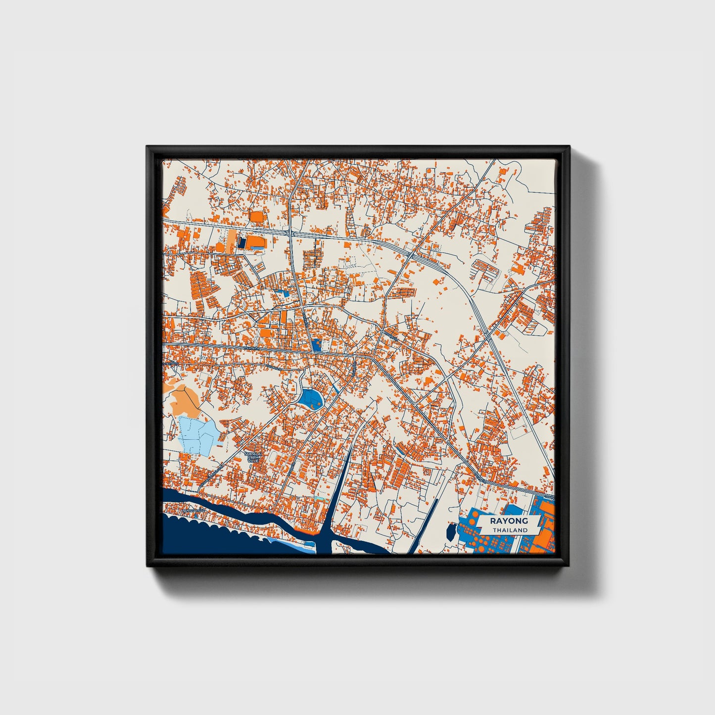 Rayong Thailand Colorful City Map Canvas Print • Black Framed