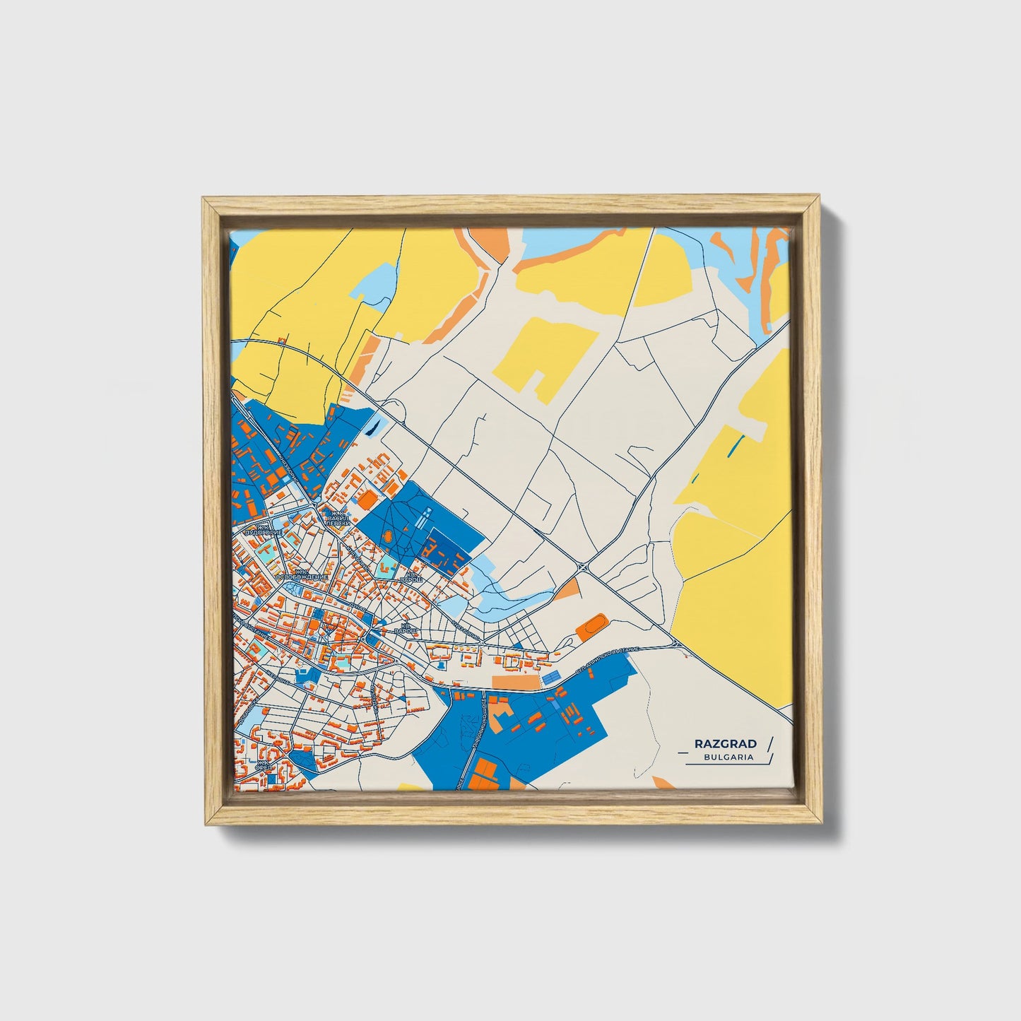 Разград Bulgaria Colorful City Map Canvas Print • Natural Wooden Framed