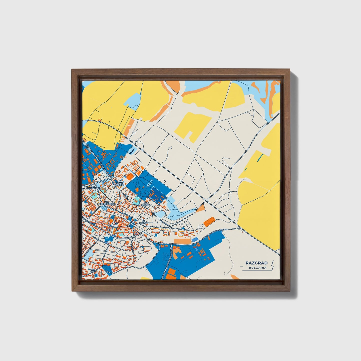 Разград Bulgaria Colorful City Map Canvas Print • Dark Wooden Framed