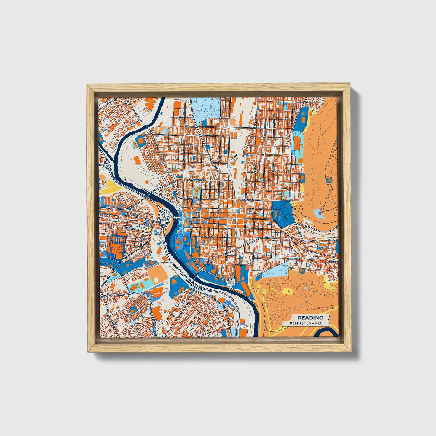 Reading Pennsylvania Colorful City Map Canvas Print • Natural Wooden Framed