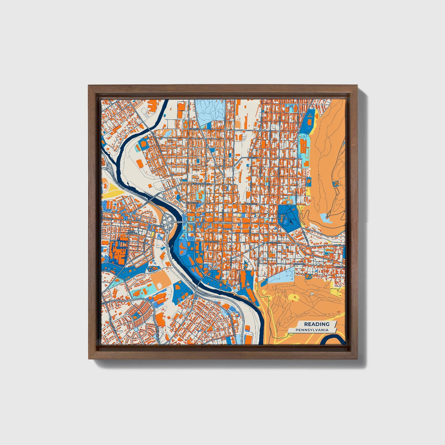 Reading Pennsylvania Colorful City Map Canvas Print • Dark Wooden Framed