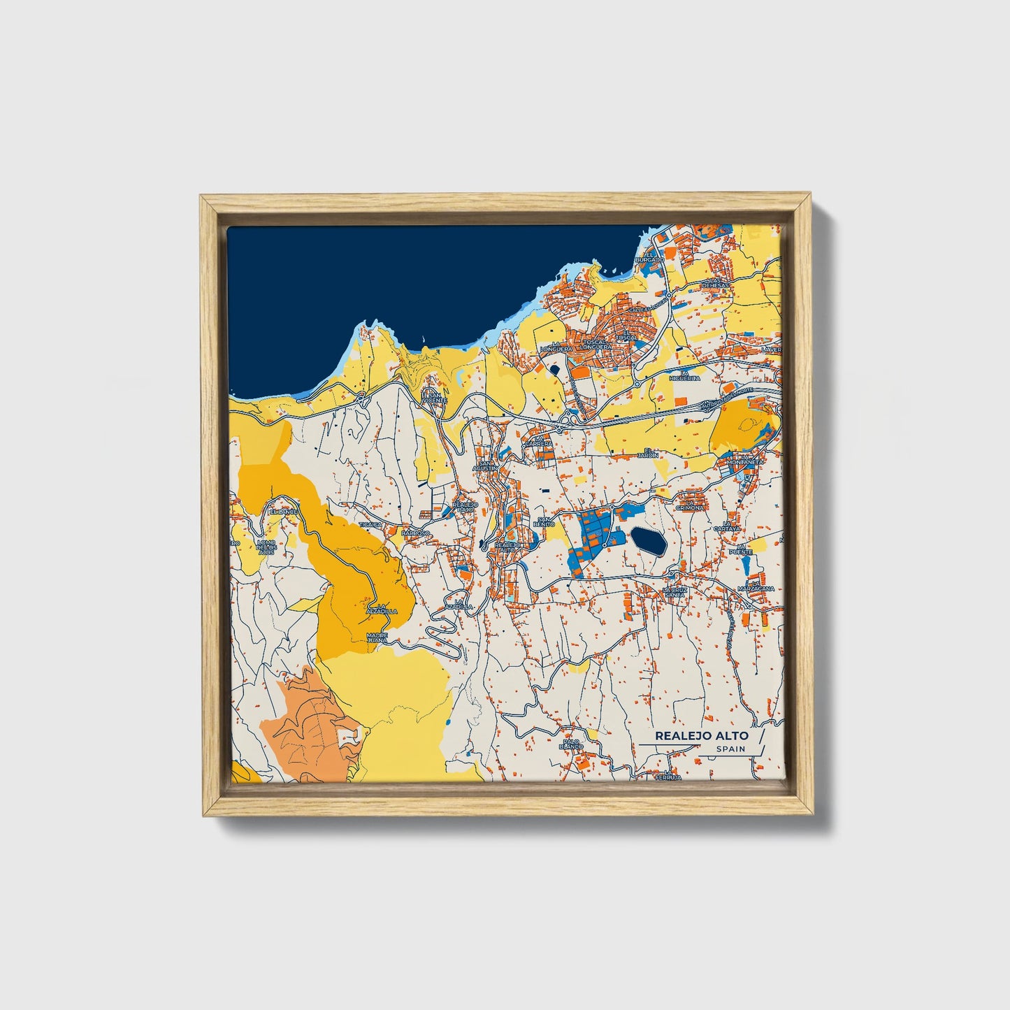 Realejo Alto Spain Colorful City Map Canvas Print • Natural Wooden Framed