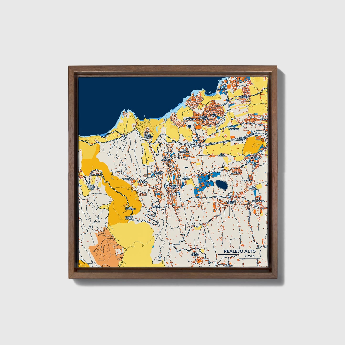 Realejo Alto Spain Colorful City Map Canvas Print • Dark Wooden Framed