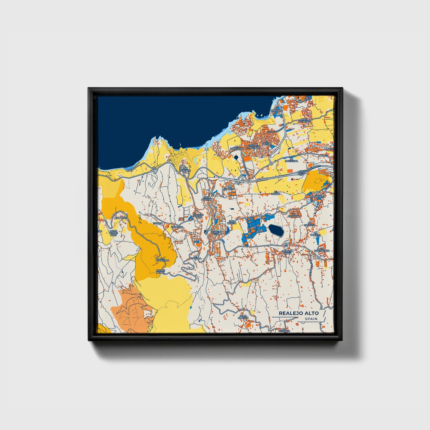 Realejo Alto Spain Colorful City Map Canvas Print • Black Framed