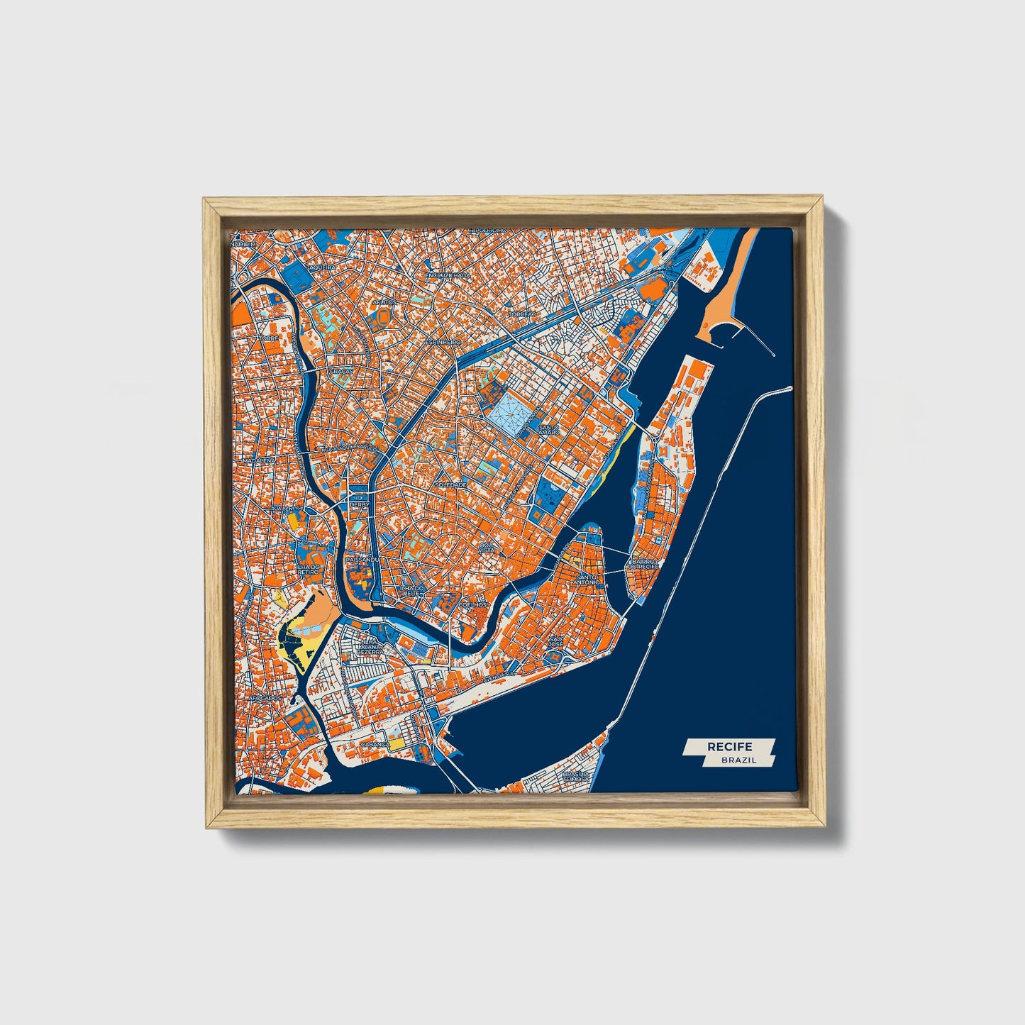 Recife Brazil Colorful City Map Canvas Print • Natural Wooden Framed