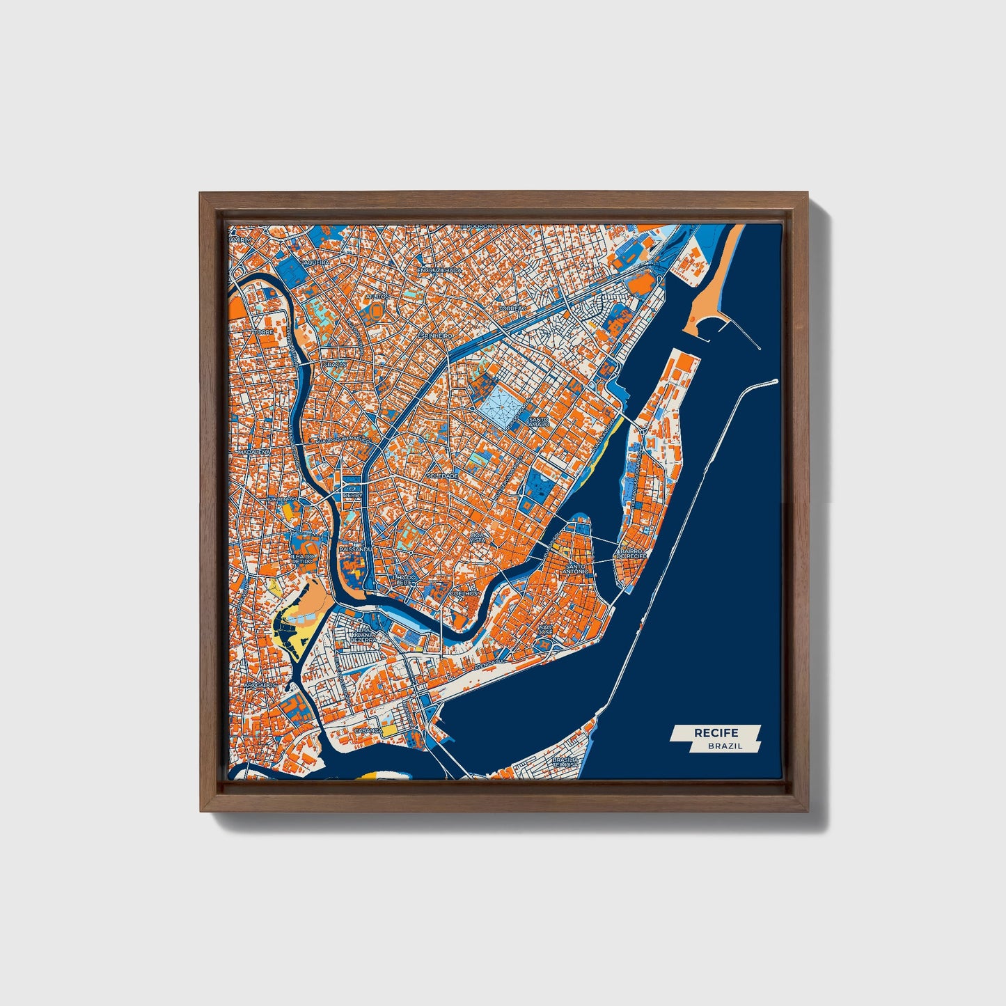 Recife Brazil Colorful City Map Canvas Print • Dark Wooden Framed
