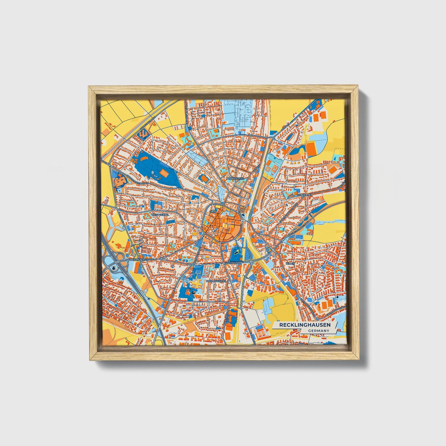 Recklinghausen Germany Colorful City Map Canvas Print • Natural Wooden Framed