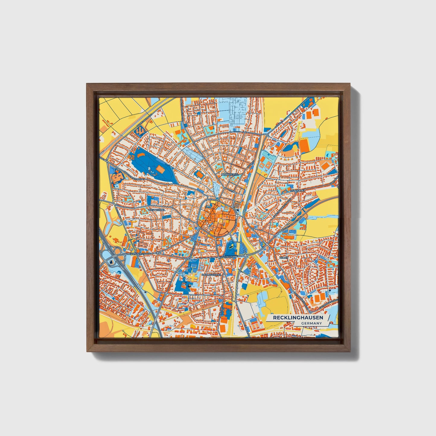 Recklinghausen Germany Colorful City Map Canvas Print • Dark Wooden Framed