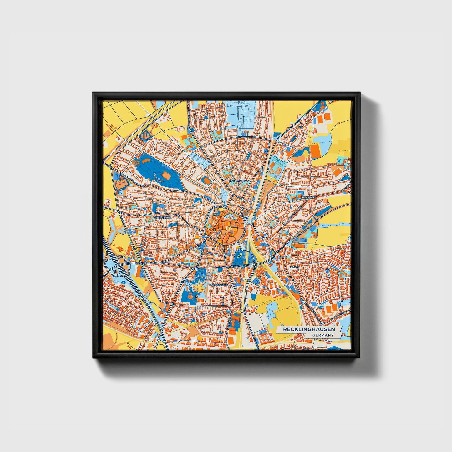 Recklinghausen Germany Colorful City Map Canvas Print • Black Framed
