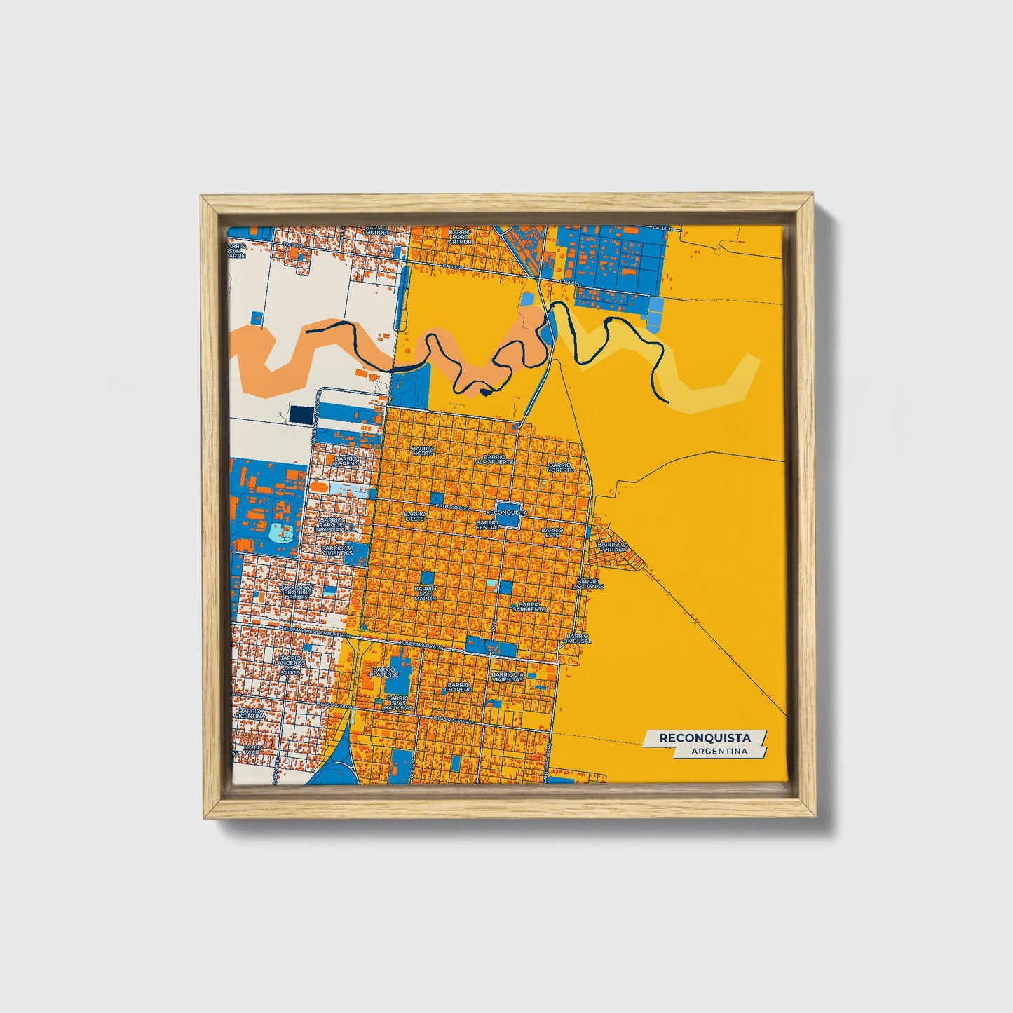 Reconquista Argentina Colorful City Map Canvas Print • Natural Wooden Framed
