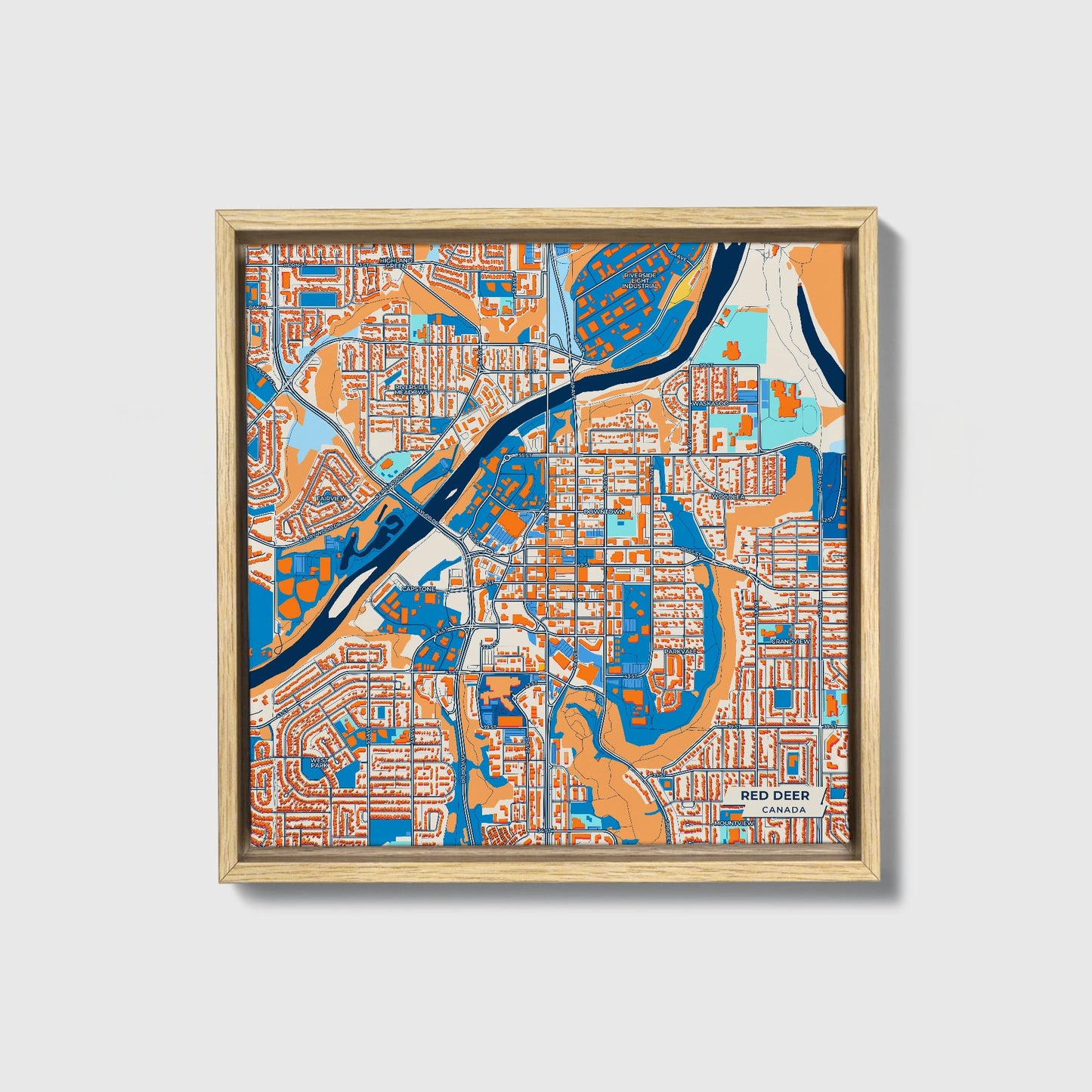 Red Deer Canada Colorful City Map Canvas Print • Natural Wooden Framed