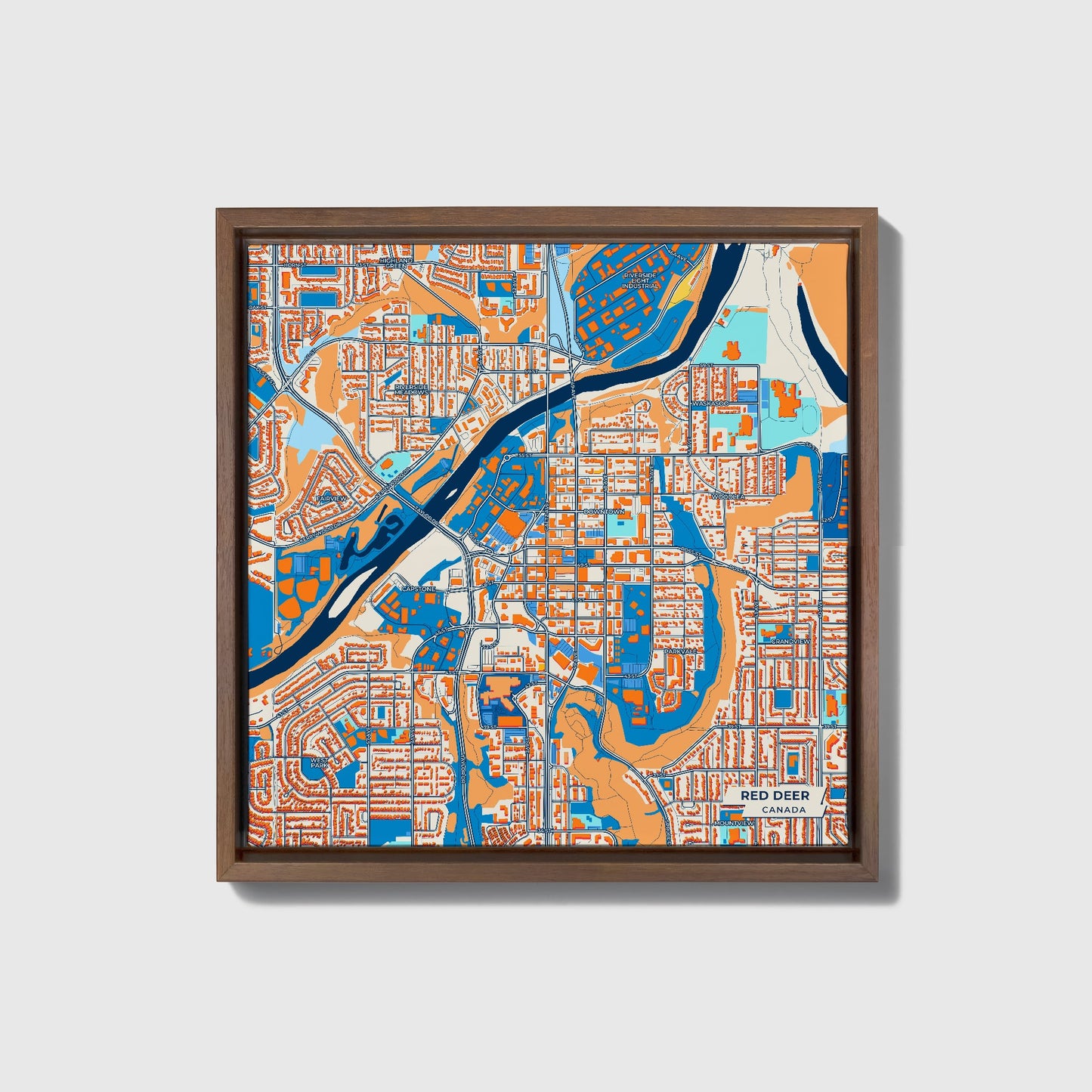 Red Deer Canada Colorful City Map Canvas Print • Dark Wooden Framed