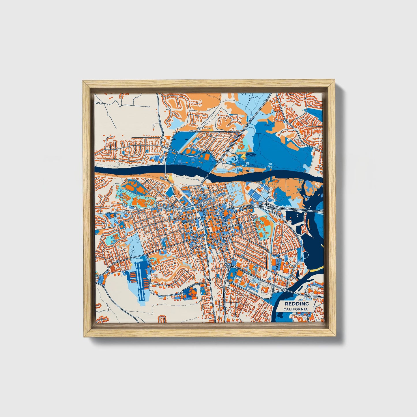 Redding California Colorful City Map Canvas Print • Natural Wooden Framed