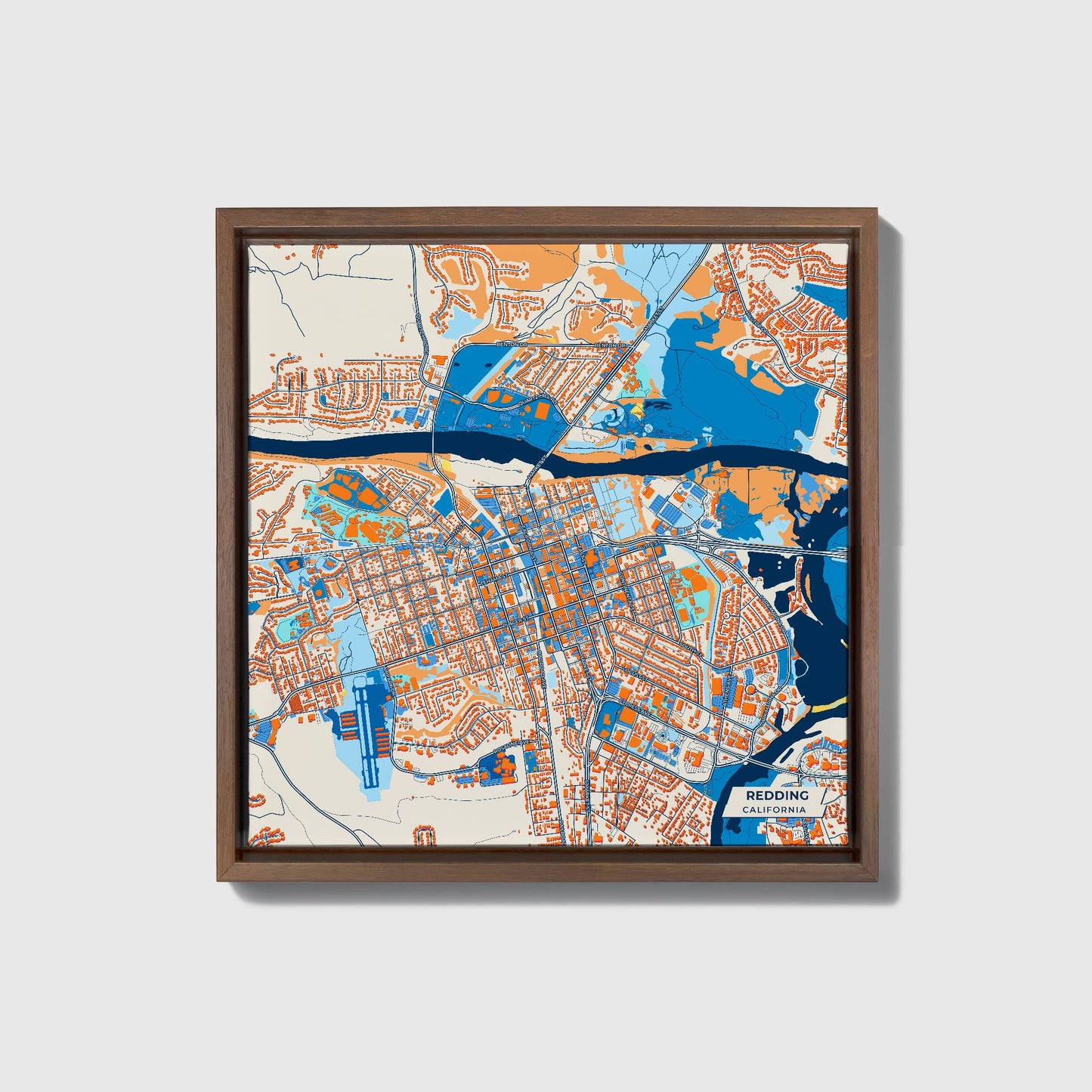 Redding California Colorful City Map Canvas Print • Dark Wooden Framed