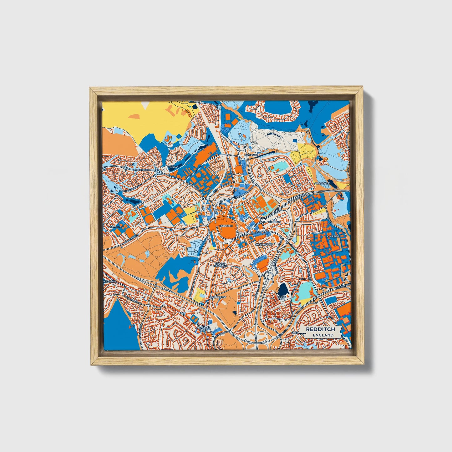 Redditch England Colorful City Map Canvas Print • Natural Wooden Framed