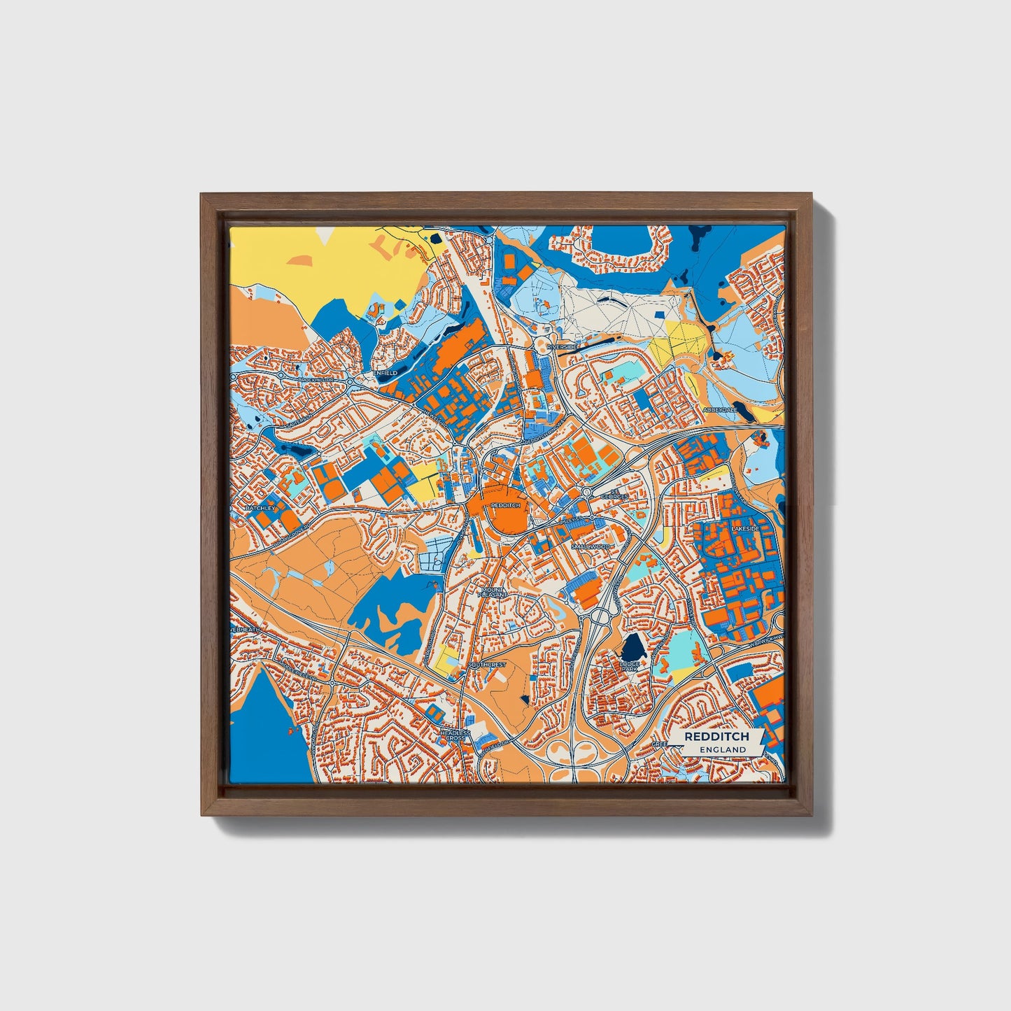 Redditch England Colorful City Map Canvas Print • Dark Wooden Framed