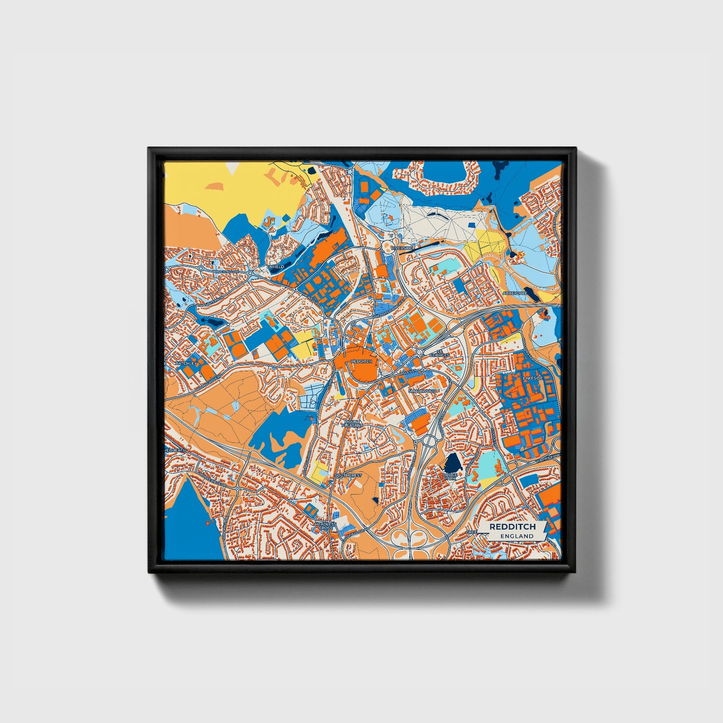 Redditch England Colorful City Map Canvas Print • Black Framed