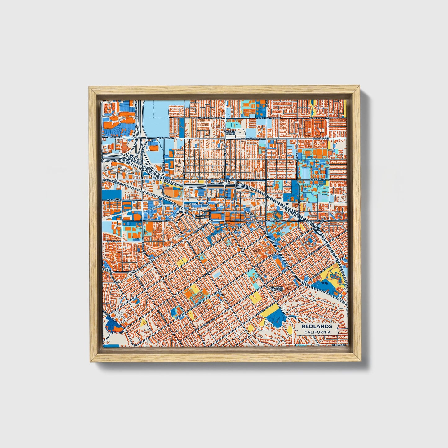 Redlands California Colorful City Map Canvas Print • Natural Wooden Framed