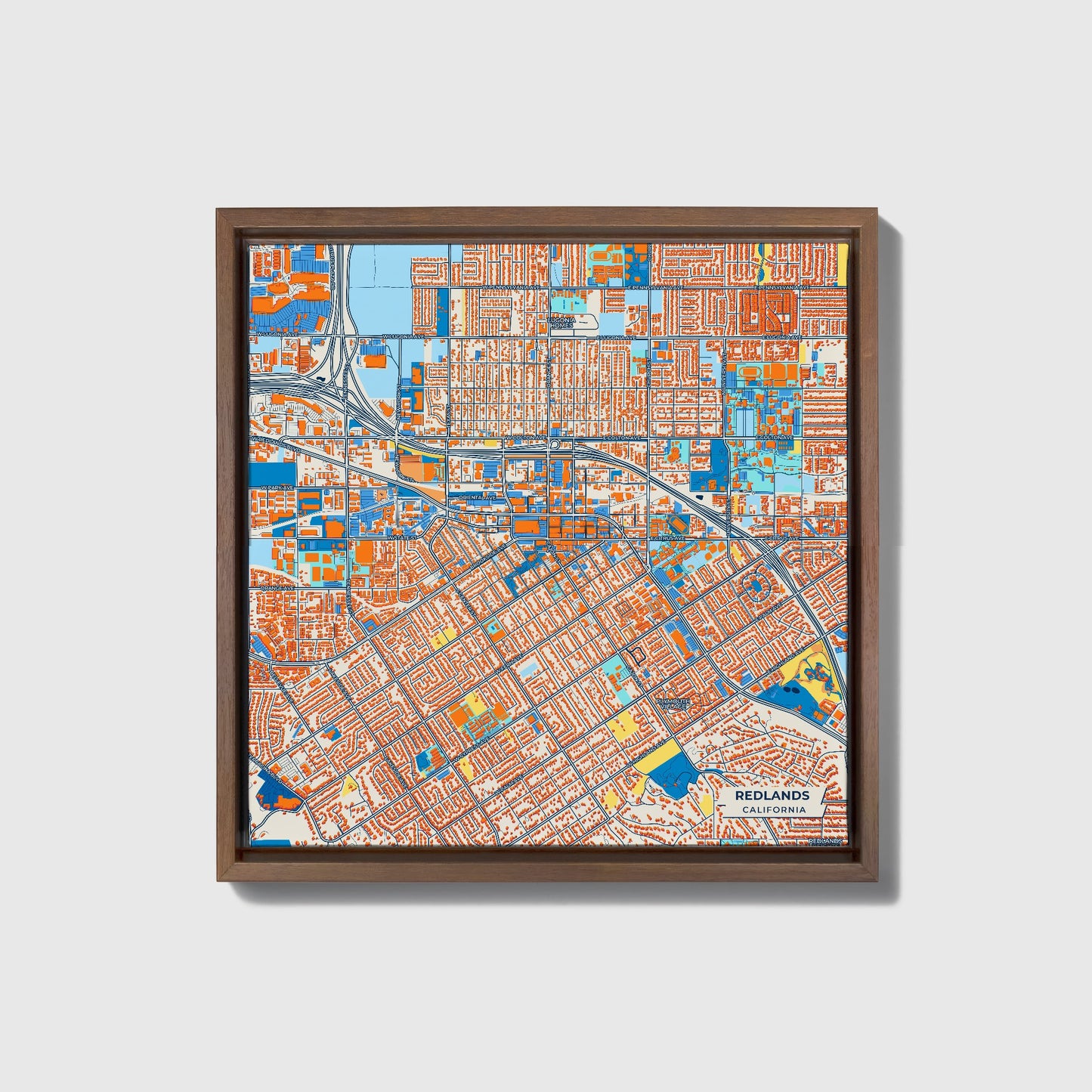 Redlands California Colorful City Map Canvas Print • Dark Wooden Framed
